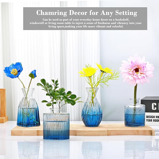 Mapoxy Glass Bud Vases Set of 4,Small Deep Blue Flower Vases for Wedding Centerpiece Table Decorations,Clear Vintage Embossed Mini Vases,Flower Arrangements in Vases for Party or Home Decor