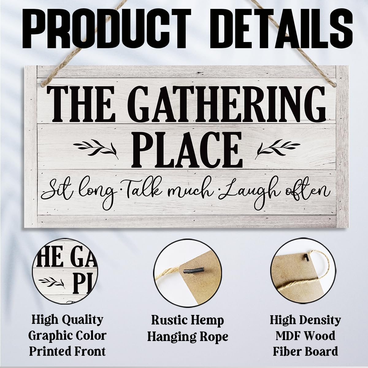 Rustic Farmhouse Hanging Wooden Signs, The Gathering Place Sign, Vintage Dining Room Wall Art, Sit Long, Talk Much, Laugh Often, Printed Wood Wall Art Sign, Retro Wall Plaques, 11.8 * 5.9 in