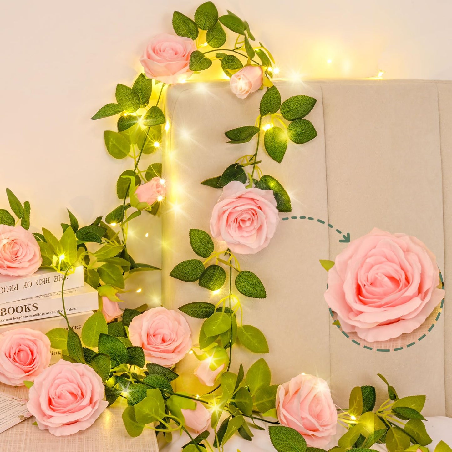 2 Pcs Flower Garland with 19.6 Ft Lights, 13.2 Ft Pink Floral Garland Fake Flowers for Wedding Arch Party Wall Garden Room Decor