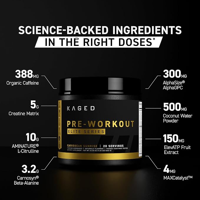 Kaged Pre Workout Powder Pre-Workout Elite for Men & Women, High Stimulant for Energy, Focus, Pumps, L-Citrulline, Beta Alanine, Creatine & 388mg of Organic Caffeine, Orange Mango
