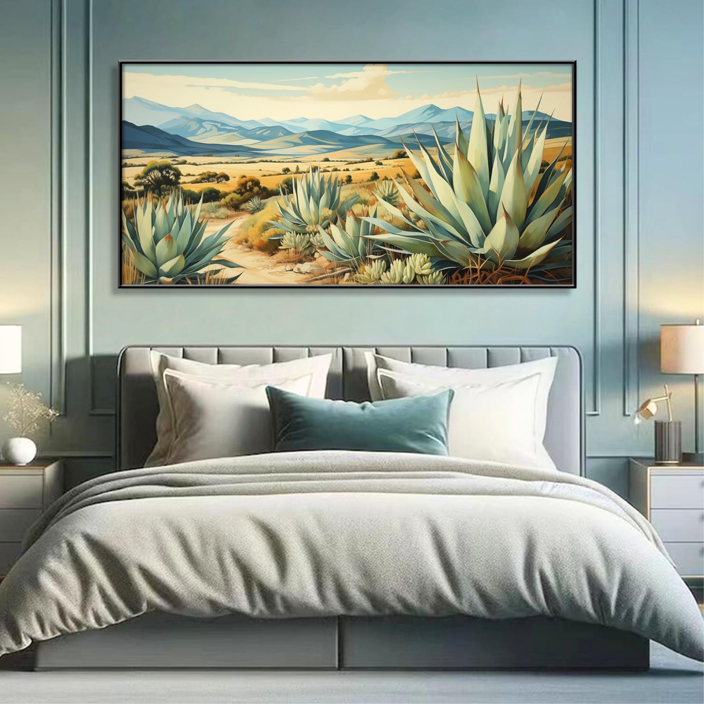 Desert Canvas Wall Art, Agave Desert Canvas Wall Art, Cactus Desert Canvas Wall Art, Desert Paintings on Canvas, Desert Wall Art, Desert Landscape Wall Art, Cactus Wall Art, Desert Southwest Decor (Gold Framed, 47"x 23"| 120x60cm )