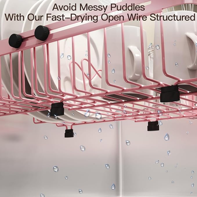 MAJALiS Pink Dish Drying Rack Over The Sink, Expandable Stainless Steel Dish Drainer for Small Kitchen Counter Space Saving, RV Compact Plate Strainer in Metal with Hanging Adjustable Utensil Holder