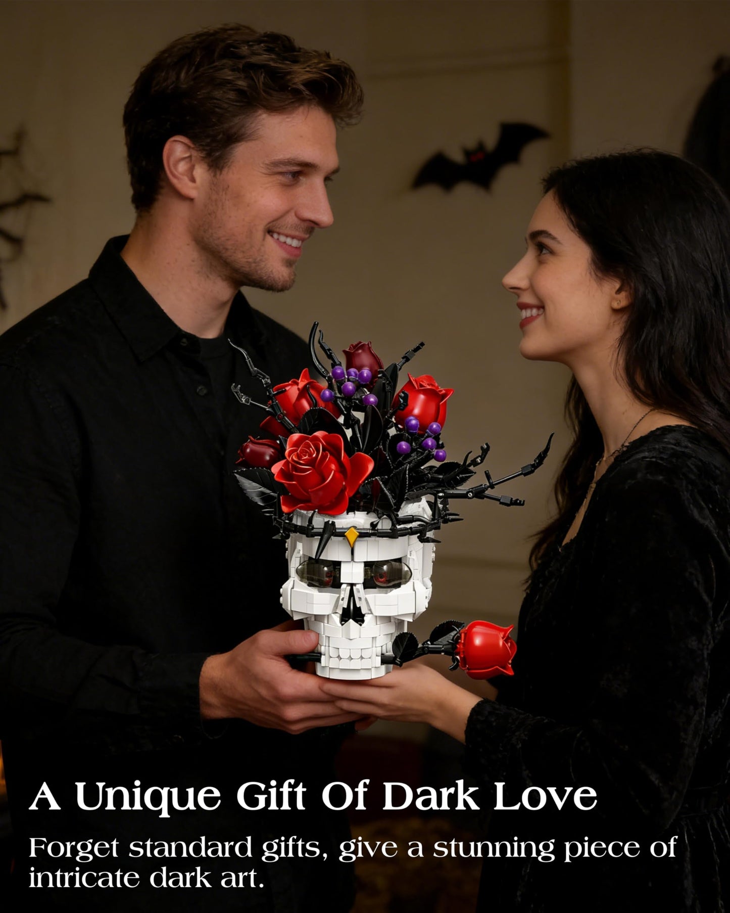 Gothic Skull Rose Building Set for Adults, Skull Home Decor for Table Shelf Centerpiece, Compatible with Lego Skull Flowers Horror Set, Halloween & Valentine's Day Gift for Teens Adult