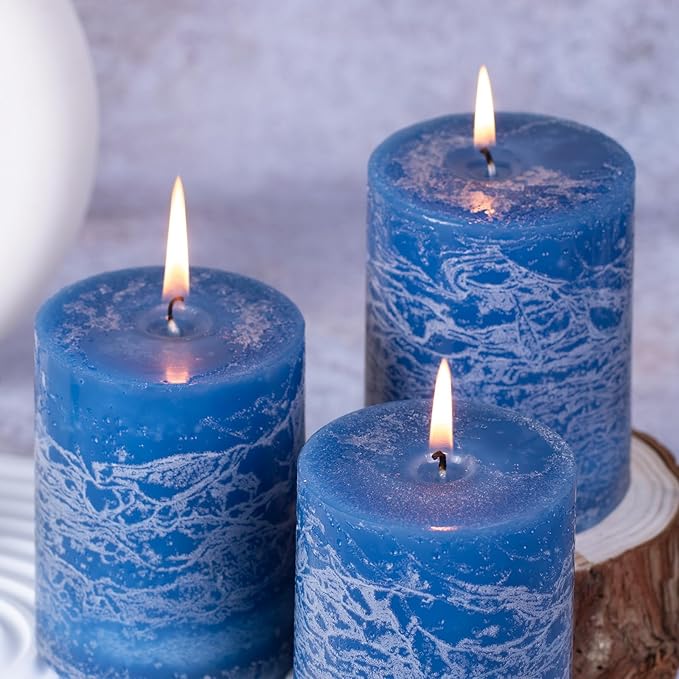 KONNI Blue Pillar Candles Set of 3, 3"x 4" Unscented Pillar Candles Bulk, 39 Hours Long Burning Candles, Smokeless & Dripless Round Candle for Wedding, Home Decoration, Parties, Spas, Dinner