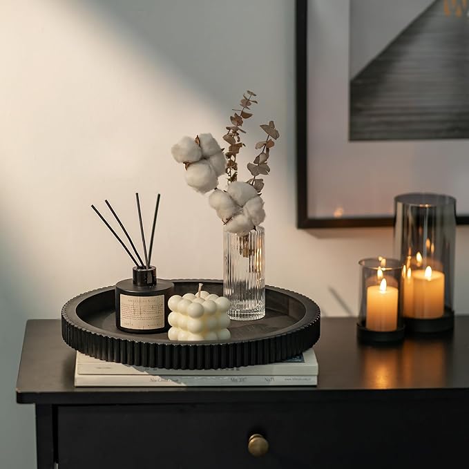 Hanobe Decorative Tray for Coffee Table: 12" Black Round Centerpiece Tray for Home Decor - Wood Modern Farmhouse Decor for Living Dining Room Kitchen Island Tabletop