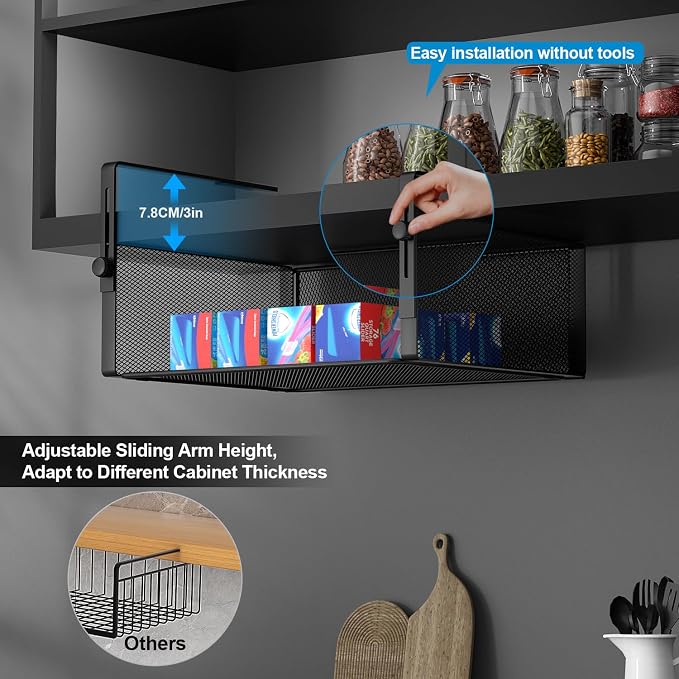 AmonHouseware 2Pack Under Shelf Basket Organizer,Adjustable Hanging Holder for Cabinet Pantry Kitchen Cupboard Desk Counter Bookshelf Organization Add-on Space Saver Heavy Duty Slide-in (Black, Large)