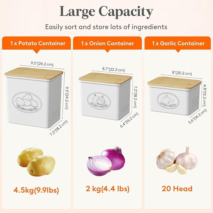 Lifewit Plastic Potato and Onion Storage Bin, Stackable Garlic Keeper with Aerating Holes and Lid, Vegetable Container Box for Pantry Countertop, White, 24 x 18 x 24 cm/9.5 x 7 x 9.5 inch, Set of 3