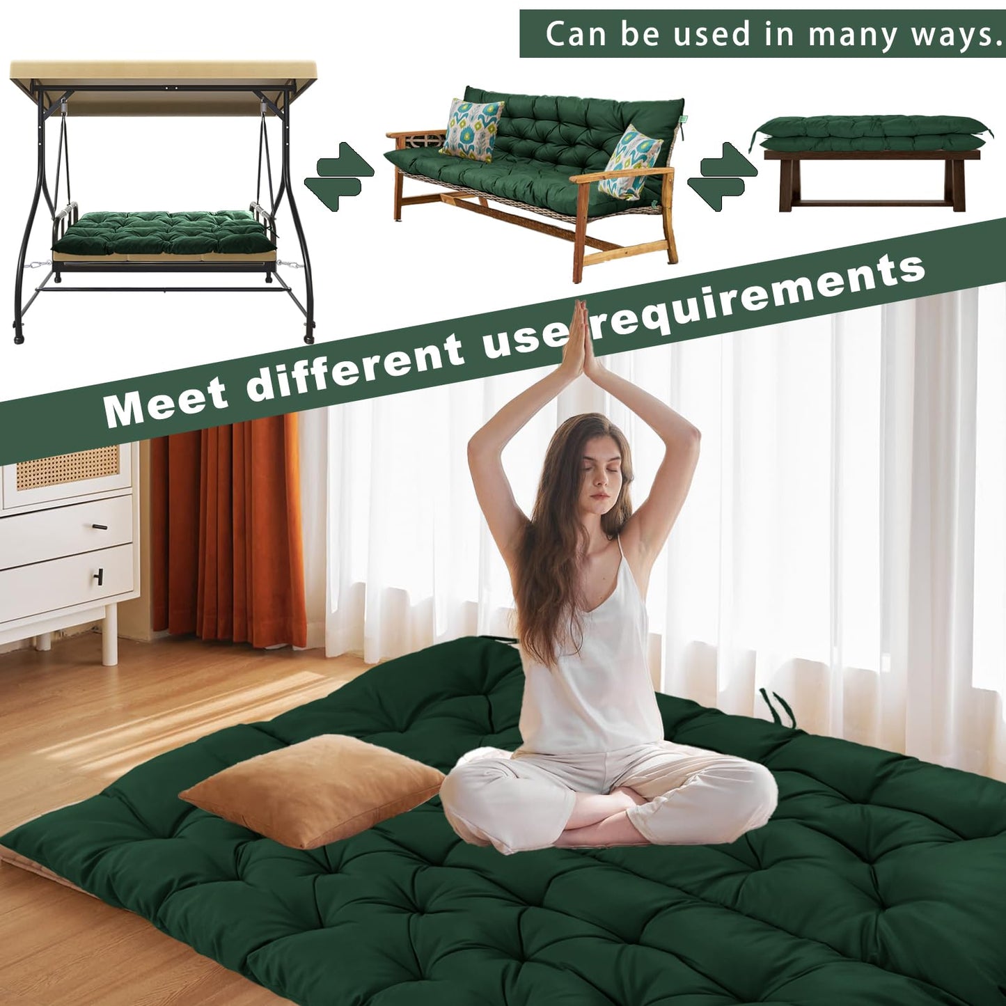 HIYEN Porch Swing Cushions 3 Seater Replacement, Waterproof Bench Cushions for Outdoor Furniture with Backrest, 4" Thickened Patio Swing Cushion with Ties (Dark Green, 60 * 40 inch)