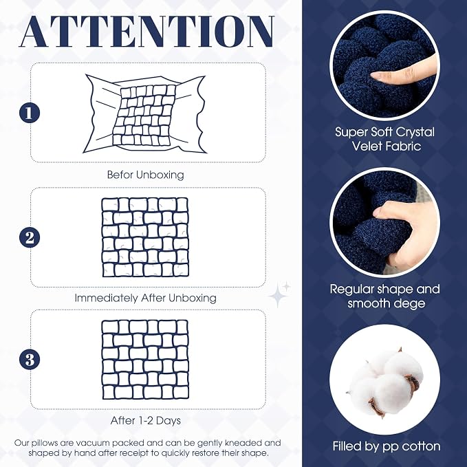 Wenqik 2 Pcs Knot Pillows Square Knotted Plush Throws Soft Accent Pillows Decoration Cushion for Couch Home Office Living Room Bedroom Bed Sofa Decor, 12'' x 13''(Navy Blue,Lambswool)