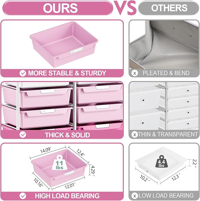 10 Drawers Rolling Cart with Wooden Tabletop, Utility Storage Cart with Wheels, Art Supply Craft Organizer on Wheel with Metal Frame & Handles for Home Office School,Pink