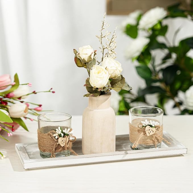 Romadedi Wooden Decorative Tray Candle Holder - 13.5 inch Wood Long Narrow Tray Home Decor Small Rustic Farmhouse Centerpieces Trays for Coffee Table Dining Room Living Room, Whitewashed
