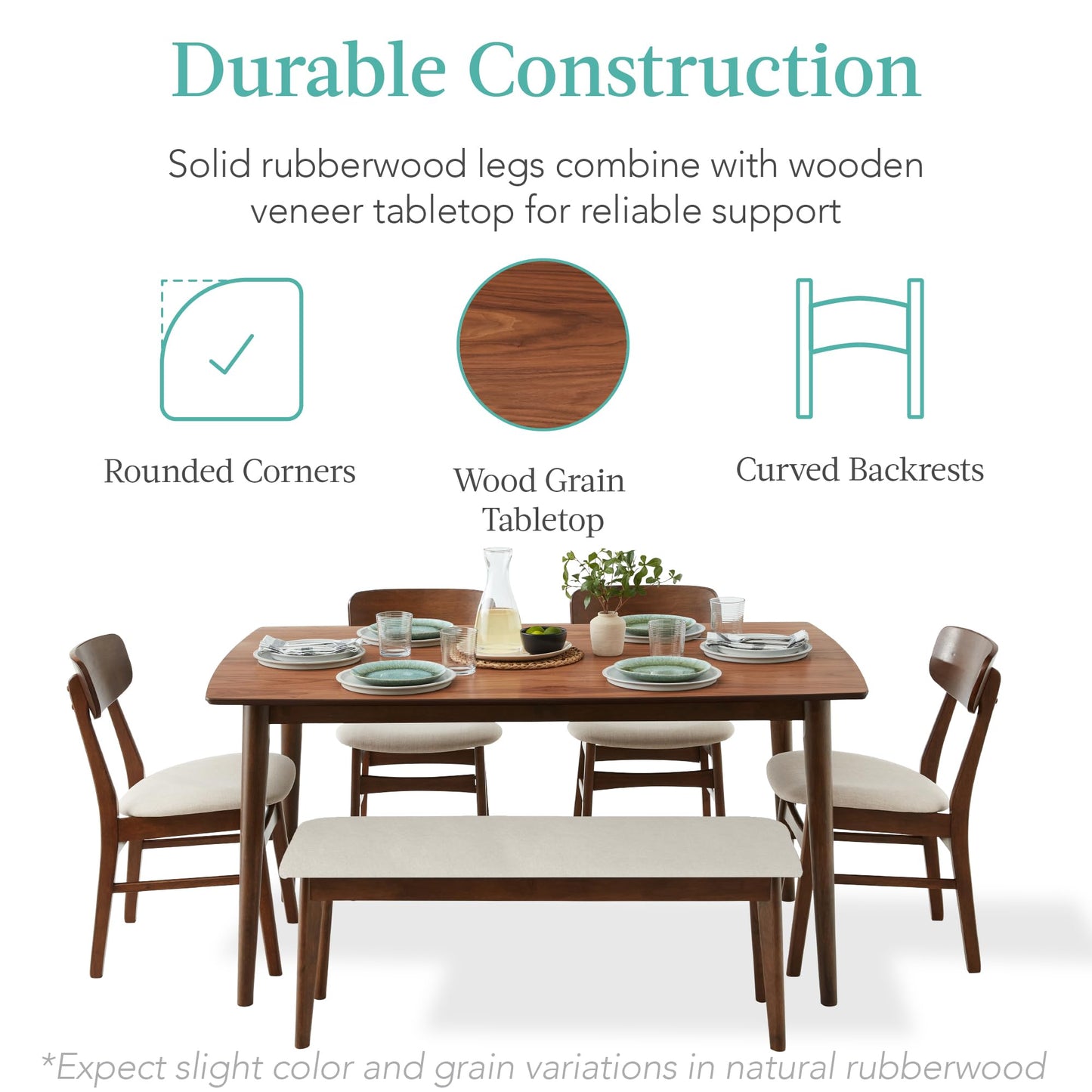 Best Choice Products 6-Piece Wooden Dining Set, Mid-Century Modern Table & Upholstered Chair Set w/Bench Seat, Rubberwood Legs - Walnut/Cream