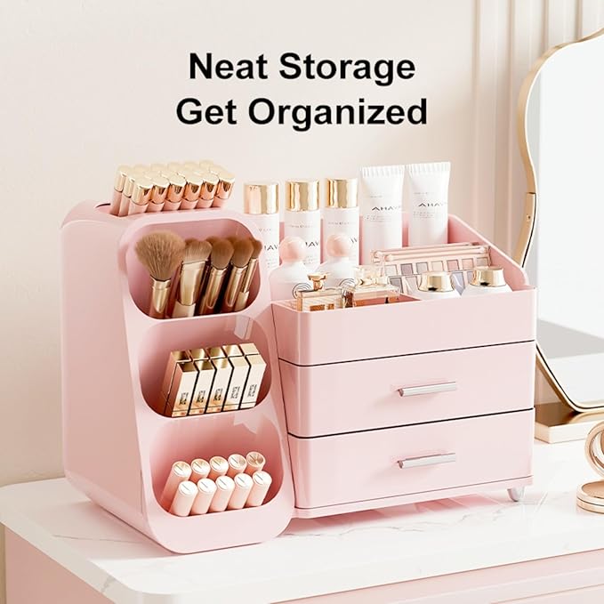 Makeup Organizer with Drawers,Large Capacity Countertop Organizer for Vanity,Bathroom and Bedroom Desk Cosmetics Organizers,Easy To Storage Skincare,Brushes,Lotions (All Pink)