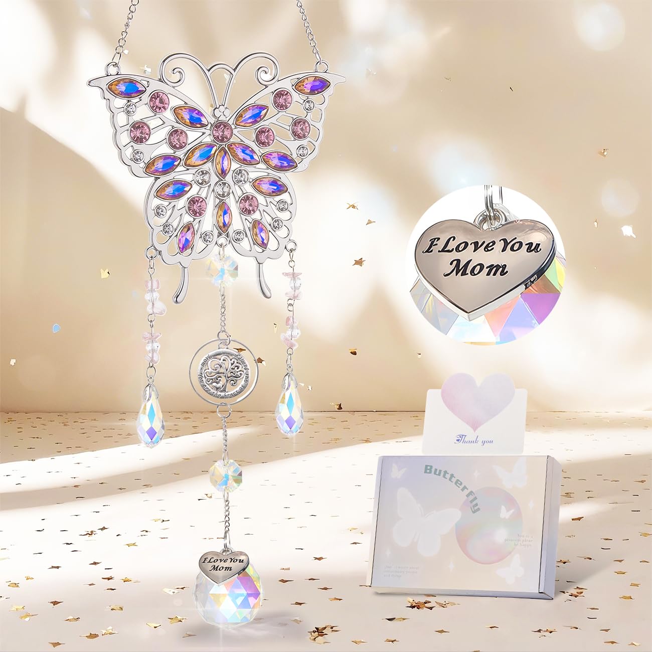 Emibele Mother's Day Crystal Suncatcher Gifts for Mom, Butterfly Suncatcher with Heart Charm I Love You Mom, Hanging Butterfly Home Window Decoration, Birthday Gifts for Women, Silver