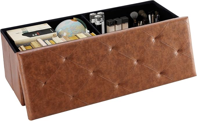 DUMOS Foldable Storage Ottoman Bench 43in, Foot Rest Stool, Synthetic Leather Storage Chest with Thicker Foam Padded Seat for Entryway Living Room, Modern Brown