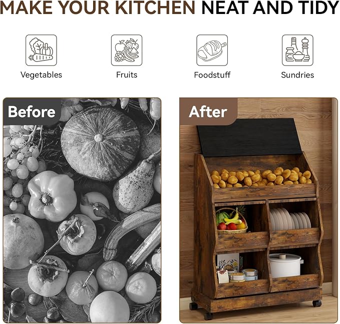 ARTETHYS Potato and Onion Storage Bin for Kitchen Large Potato Storage Box with Wheels 3 Tier Bread Container Holder with Lid and Grocery Section Decorative Vegetable Organization Cabinet for Kitchen