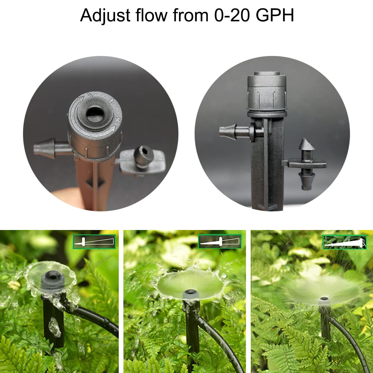Topiverse 50 Pcs Drip Irrigation Emitters, Adjustable Flow 0-20 GPH Irrigation Drippers with Stake, Full Circle Flow Sprinkler Head, Micro Sprinkler for Garden Patio Lawn Flower Bed