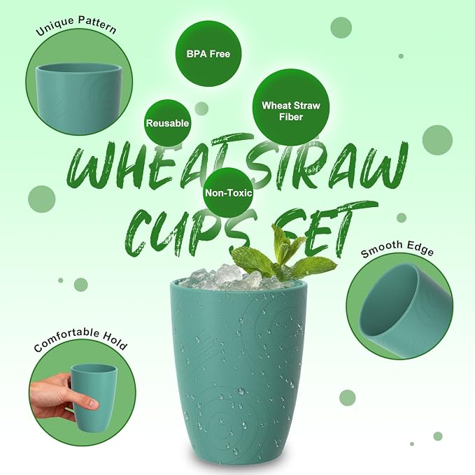 Wheat Straw Cups, Plastic Cups Unbreakable Drinking Cups Set of 6, Reusable Plastic Cup 12 OZ, Dishwasher Safe Tumblers & Water Glasses, Multi