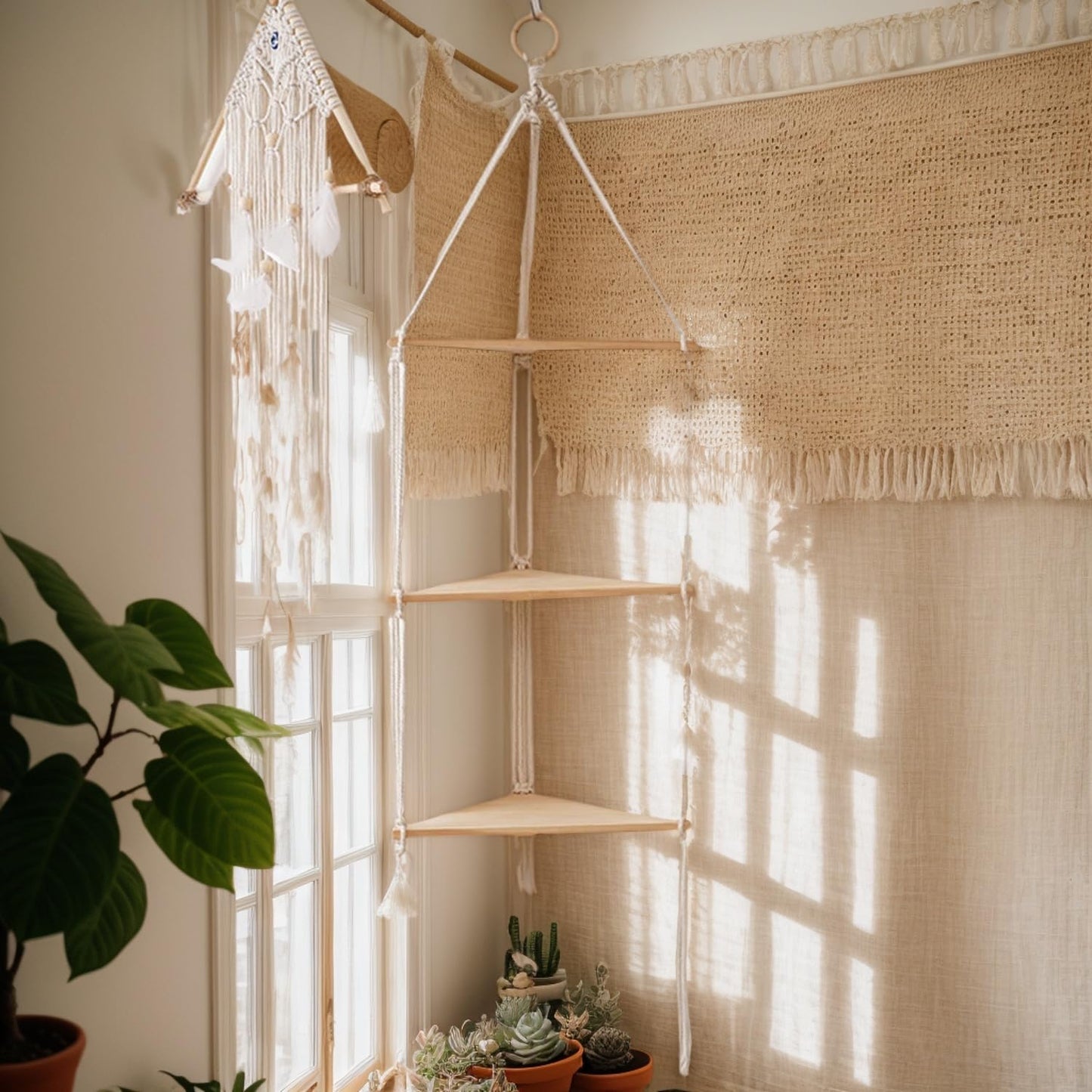 WKHOKI Hanging Shelf with Natural Wood, 3-Tier Rope Shelf | Handmade Boho Wall Decor for Floating Display, Ideal for Plants, Photos & Storage in Bathroom, Bedroom, Living Room & Nursery