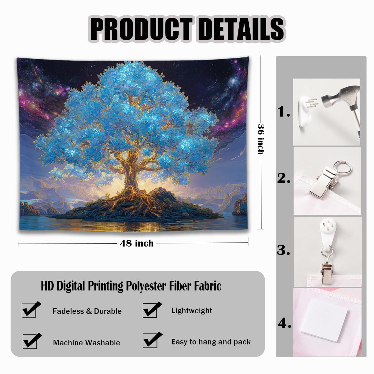 YJDYJD Tree of Life Wall Tapestry – Spiritual Boho Wall Hanging with Celestial Sky and Nature Design, Inspirational Meditation Wall Art and Nature Decor for Bedroom, Living Room, or Yoga Room