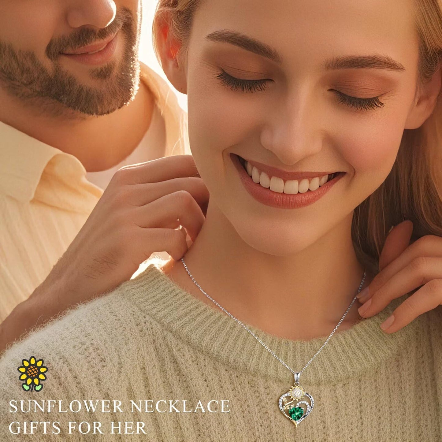 Iefil Mothers Day Gifts for Wife - 925 Sterling Silver Sunflower Necklace May Simulated Emerald Necklace Birthday Mothers Day Gifts for Mom Daughter