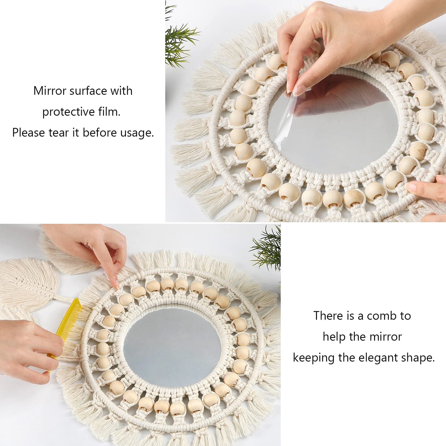 Dremisland Hanging Wall Mirror-Boho Macrame Fringe Round Decorative Mirror with Wood Beads Feather Pendant，Art Ornament for Apartment Home Bedroom Living Room