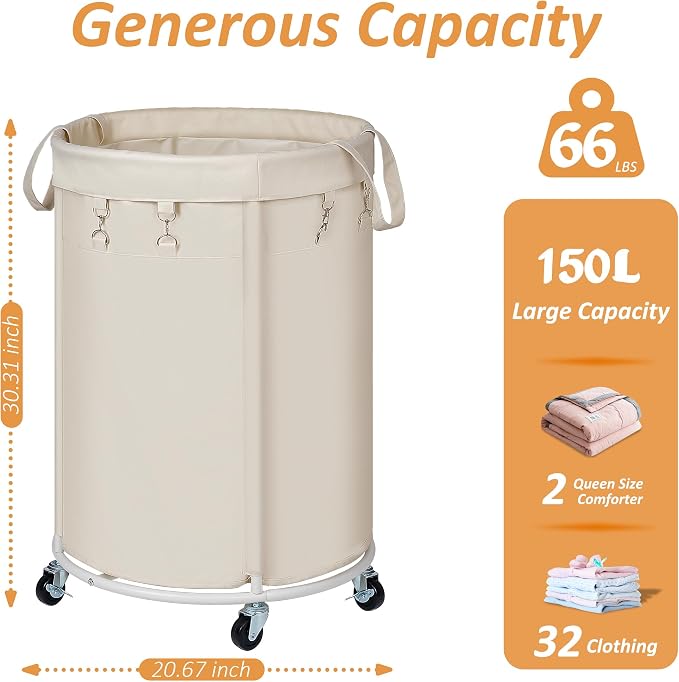 150L Large Capacity Rolling Laundry Basket Hamper with Wheels, Clothes hamper and Removable Bag for Home, Laundry Room, Bedroom, Bathroom, Apartment, Dorm