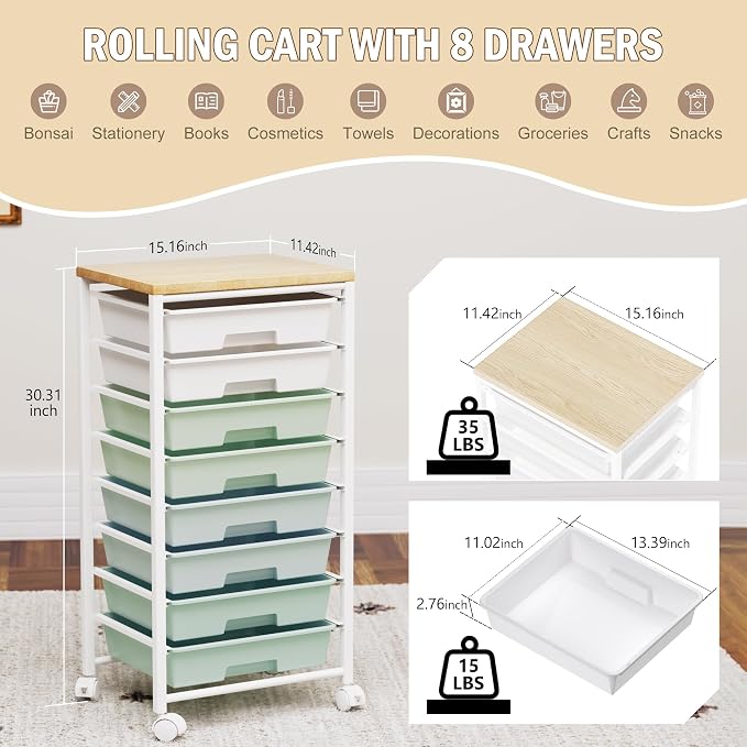 Rolling Cart with 8 Drawers, Storage Drawers Cart with Wooden Tabletop and Lockable Wheels, Craft Storage for Living Room, Office, Classroom, Craft Room, Bedroom