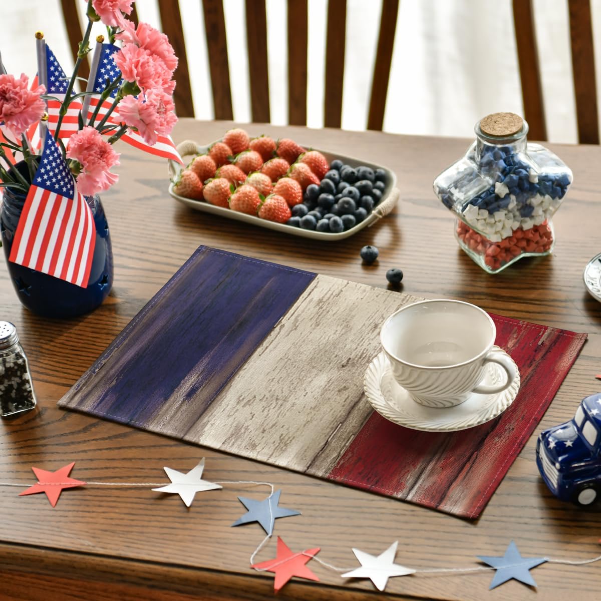 Artoid Mode Wood Style Stripes 4th of July Placemats Set of 4, 12x18 Inch Memorial Day Patriotic Table Mats for Party Kitchen Dining Decoration