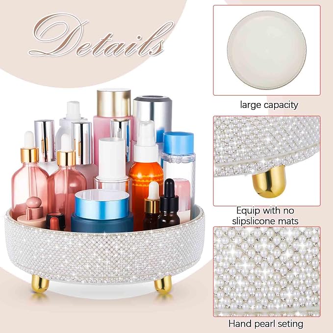 Honeydak 360 Rotating Perfume Organizer Gift for Women, Rhinestone Preppy Skincare Organizer Bathroom Counter Makeup Holder Skincare and Perfume Storage for Cosmetic(1 Tier,Pearl,White)