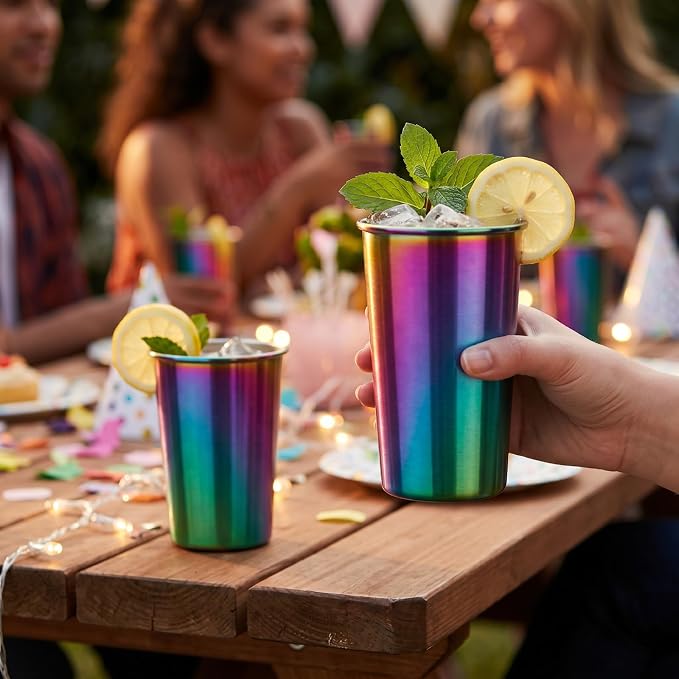 Tosnail 6 Pack Stainless Steel Pint Cups, 16 oz Metal Cups Unbreakable Drinking Glasses Water Tumblers for Kids, Adults Indoor and Outdoor Use, Rainbow