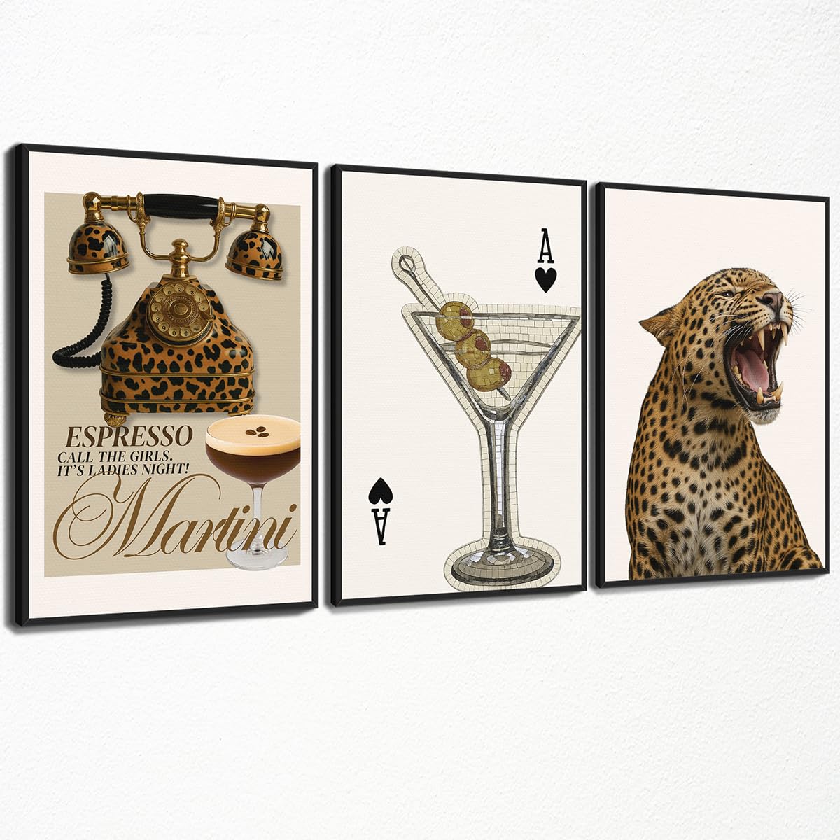 XMJJQQ Fashion Cheetah Painting Poster, Leopard Telephone & Espresso Martini Canvas Wall Art, Spade Poker Cocktail Picture Bar Cart Wall Decor, Set of 3 Chic Girly Dorm Bedroom Print 8x12in Unframed