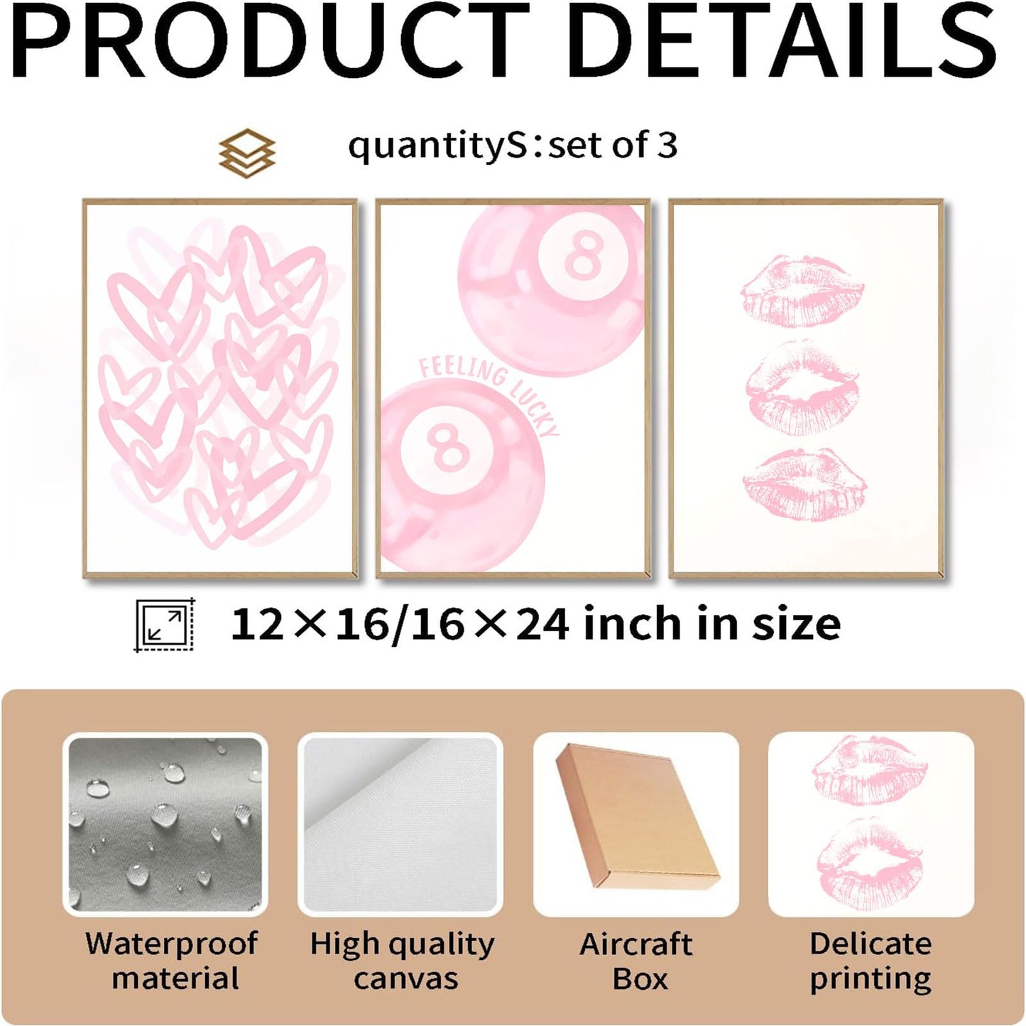 3Pcs Trendy Pink Preppy Canvas Wall Art Light Pink Cute Girly Lips Lucky 8 Ball Hearts Paintings Pictures Wall Decor Coquette Poster Printing Artwork for College Dorm Room Bedroom Home Decoration