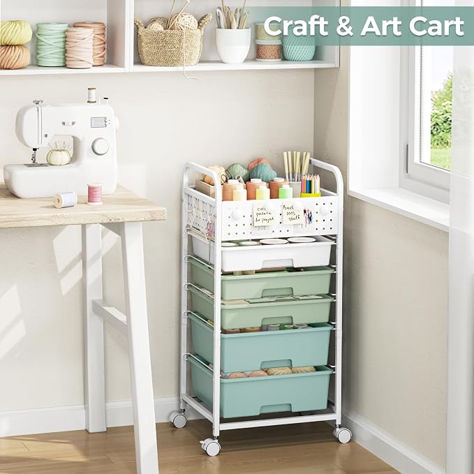 5 Drawer Rolling Storage Cart with Pegboard Top and Hooks, Mobile Organizer Cart with Wheels for Office Supplies, Craft Storage, Classroom Organization, Home Utility Cart, Gradient Green