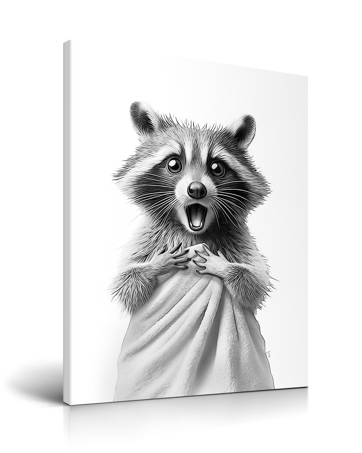 HesenDot Raccoon in Towel Framed Wall Art,12x16in Funny Animal Bathroom Canvas Print, Black and White Raccoon Poster,Cute Racoon Picture Wall Decor for Bathroom Kid Room Bedroom Nursery Home, 1 Pack