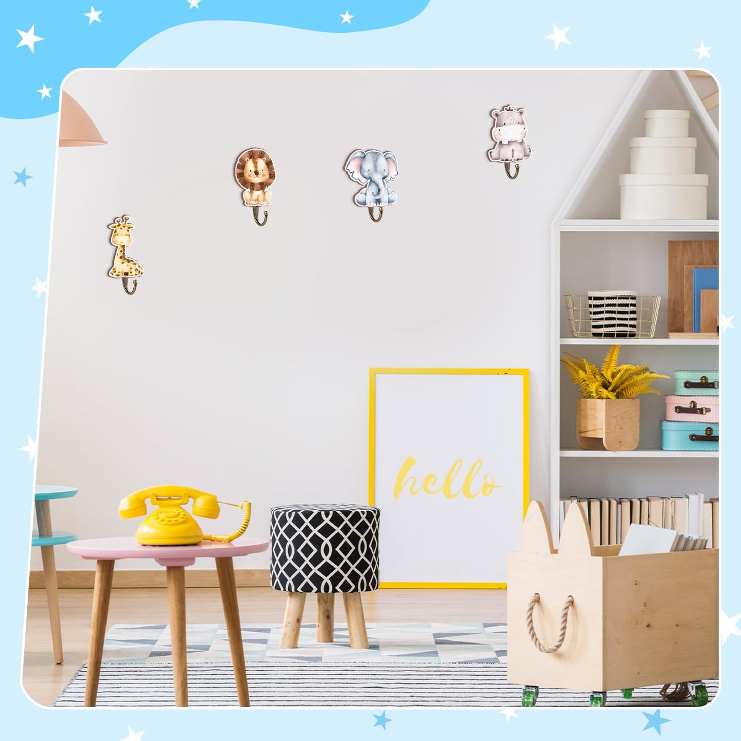 MJSXY Safari Nursery Decor Animal Wall Hooks, 4 Pcs Wooden Jungle Hooks for Kids Room,Animal Towel Hangers for Baby Boy Nursery Bathroom Bedroom Home Decor, 4 x 4 Inches Cute Hook for Wall