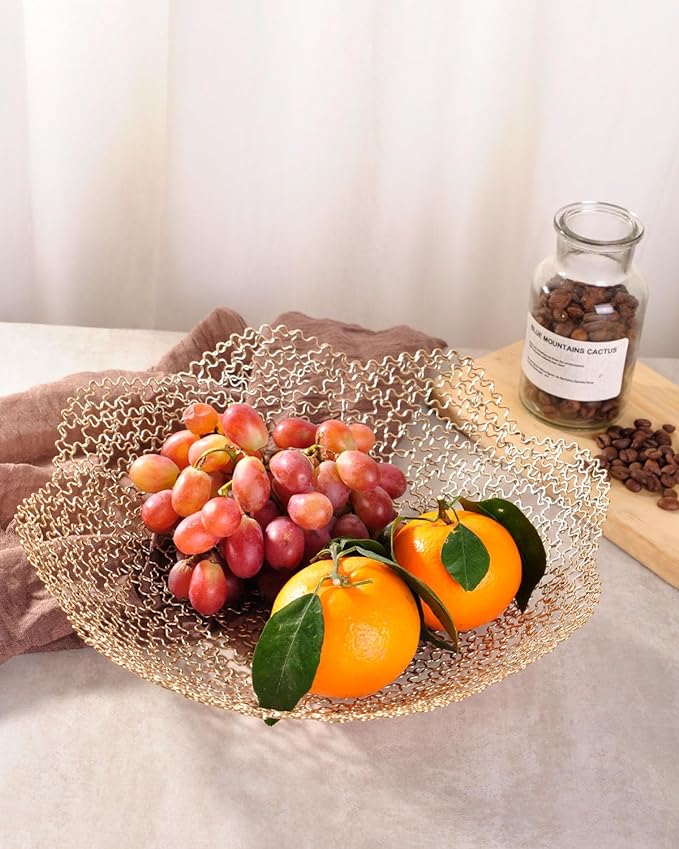 IBWell Decorative Dish for Home Decor and Centerpieces - Gold Vegetable Fruit Bowl Basket(Normal) for Kitchen Counter， Table Centerpieces for Dining Room and Living Room Decor (Gold, Normal)