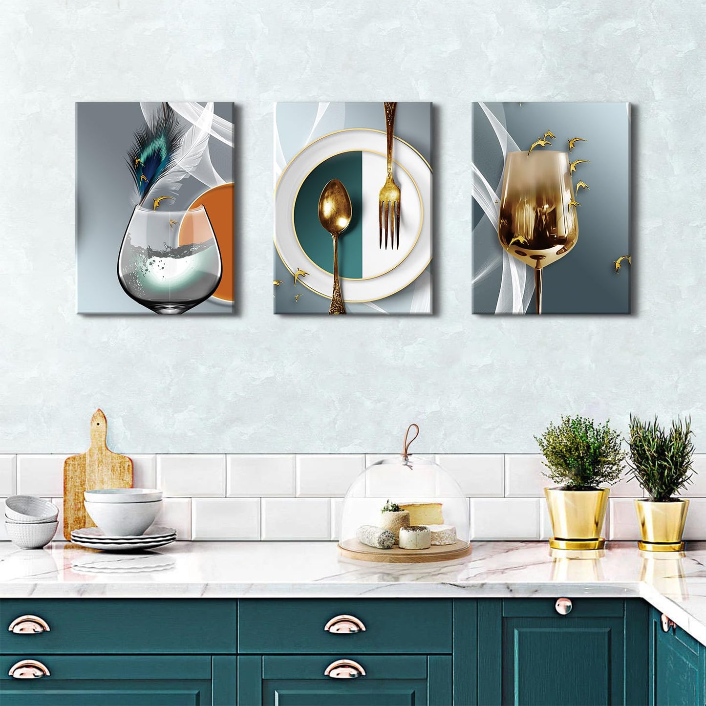Dining Room Wall Art Set of 3 Teal Gold Wine Glass Wall Art Modern Abstract Wine Pictures Wall Decor Kitchen Tableware Canvas Wall Art Gray Gold Dining Room Wall Decor Kitchen Home Decoration 12x16"
