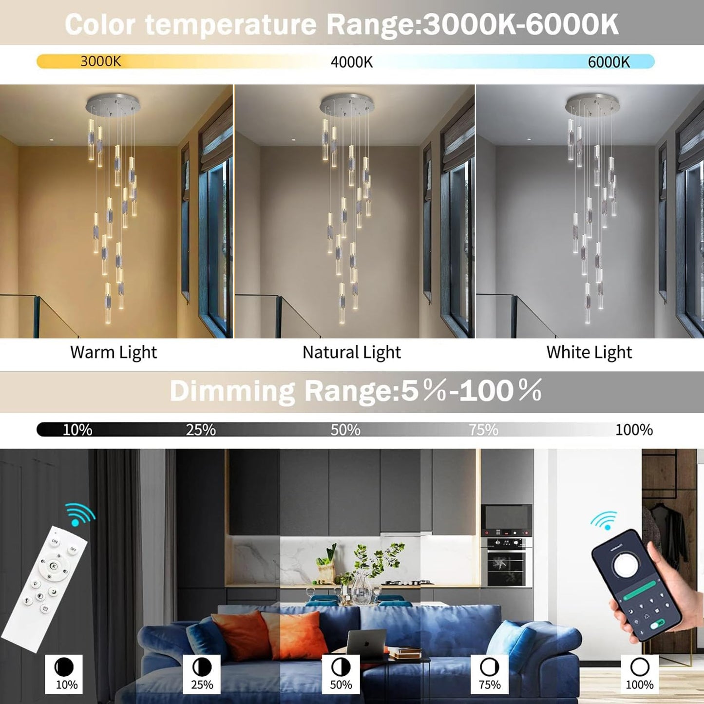 12-Lights Modern Crystal Chandelier for High Ceiling Dimmable LED Pendant Lighting Long Light Chandelier for Staircase Foyer Enterway Living Room Silver