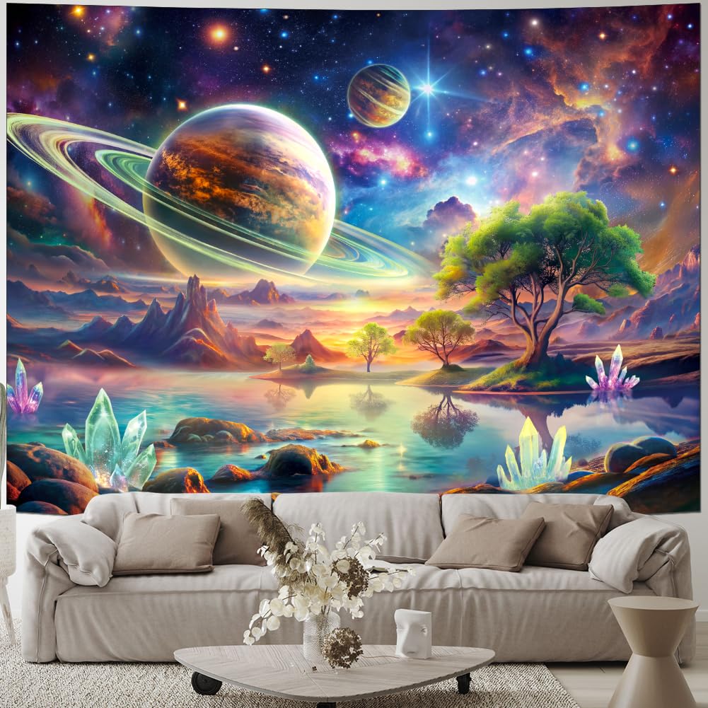 Blacklight Galaxy Space Tapestry UV Reactive Planet Wall Hanging Magical Trees Tapestries Cosmic Mountain Landscape Wall Decor Aesthetic Starry Night Backdrop for Bedroom
