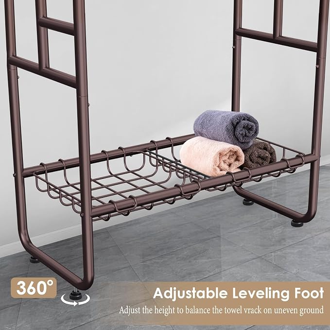 Kayfia 40" Tall Free Standing Towel Racks for Bathroom, 3 Tier Blanket Rack with 2 Storage Baskets & 6 Hooks, Towel Rack Stand for Large Bath Towels, Metal Blanket Ladder Holder for Bedroom (Bronze)