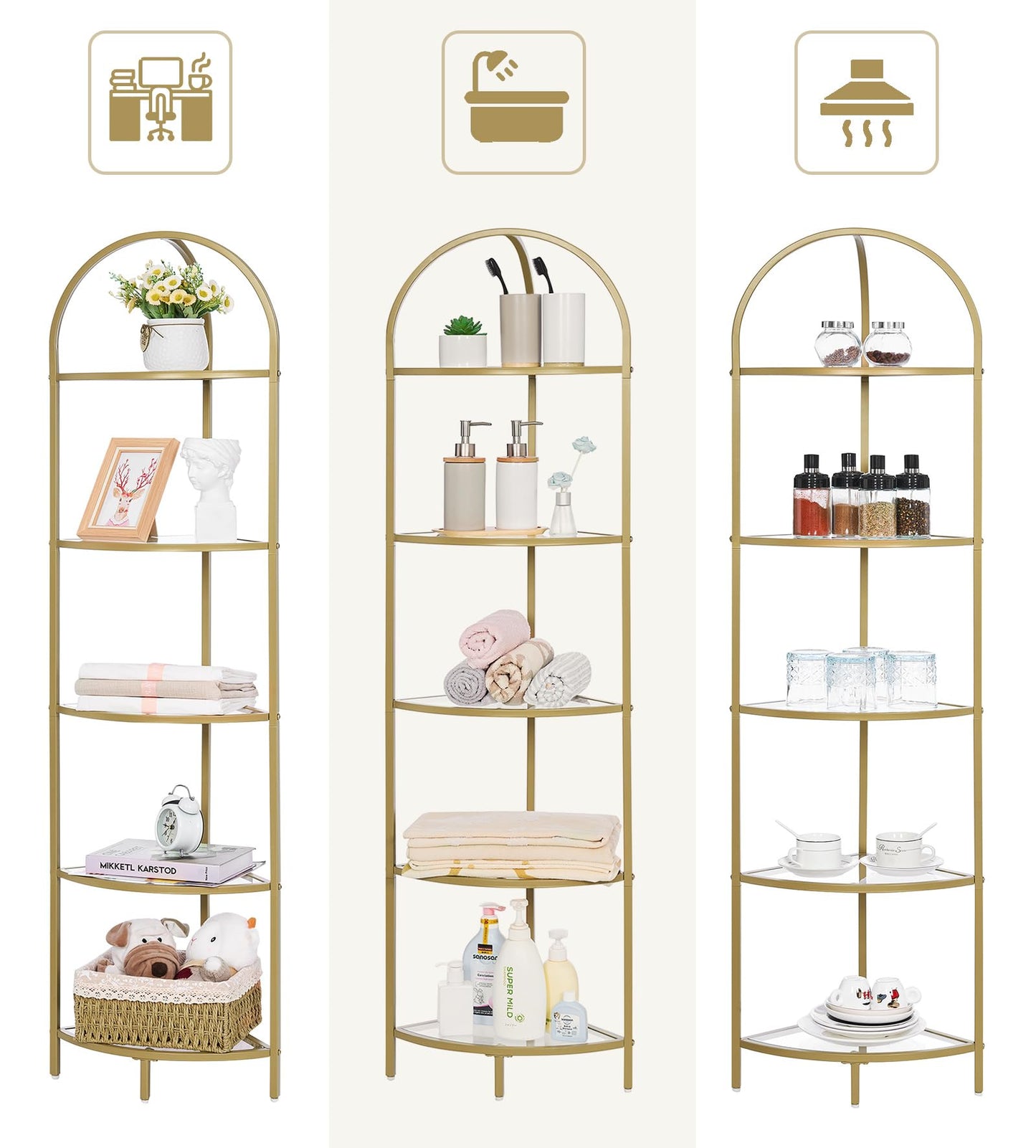 Homhedy 5-Tier Corner Shelf Stand, Metal Corner Bookshelf, Tempered Glass Shelves, Bathroom Storage Rack Shelf, Plant Stand, Modern Style, Golden