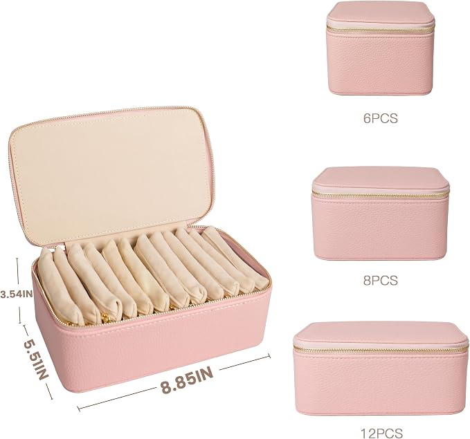 Travel Jewelry Case, Portable Jewelry Box with 6 Jewelry Bags,Travel Gift for Women Teen Girls (Pink 12 Pcs)