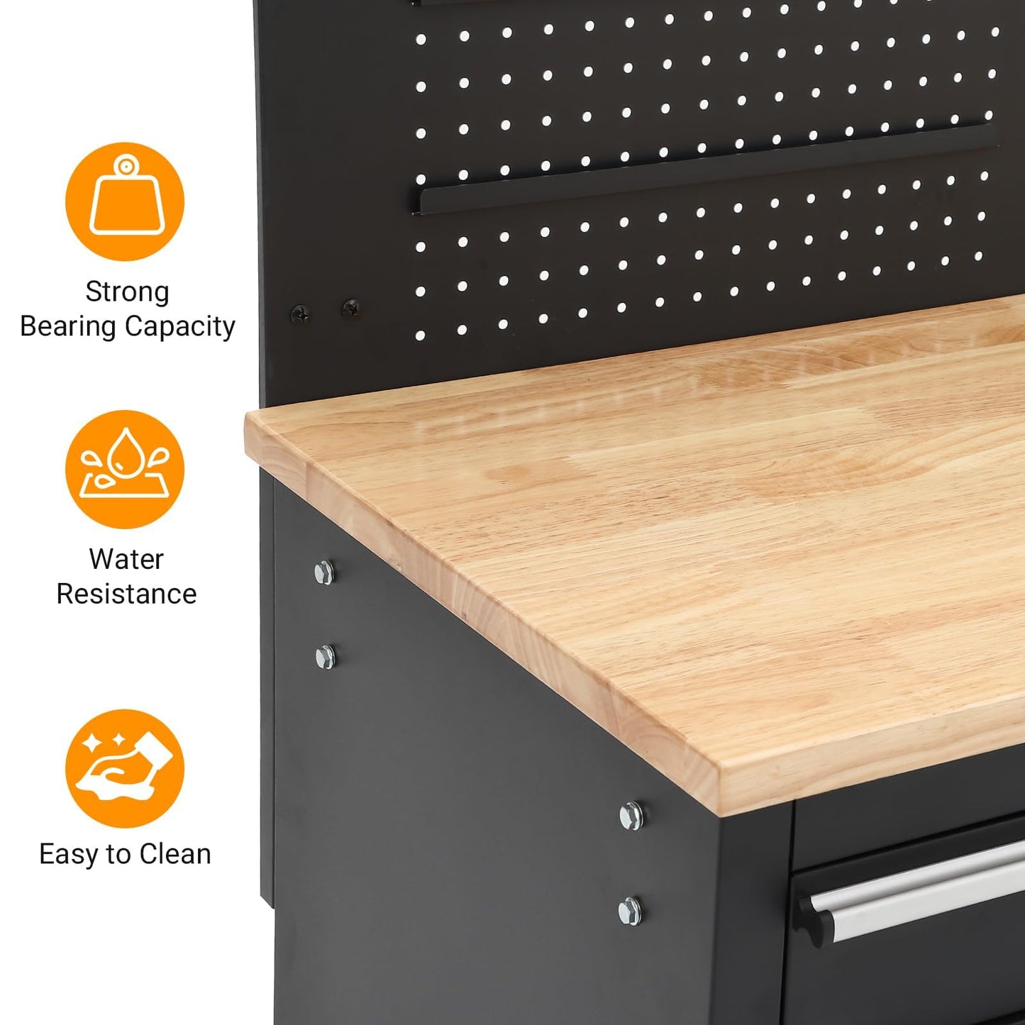 61 Inch Rolling Tool Chest, 10 Drawers Garage Workbench Storage Tool Cabinet with Rubber Wood Top, 1675 LBS, Power Strip, Locking System, Drawer Liners for Garage, Warehouse and Repair Shop, Black