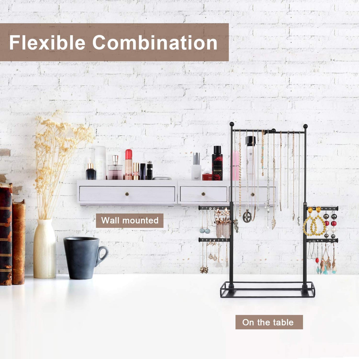 OLAKEE Jewelry Organizer - 2 Layer Wooden Jewelry Drawer Storage Box with 6 Tier Jewelry Tree Stand, Jewelry Display for Necklaces Bracelet Earring Ring (Rustic White)