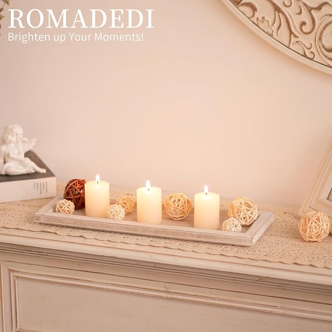 Romadedi Wooden Decorative Tray Candle Holder - 13.5 inch Wood Long Narrow Tray Home Decor Small Rustic Farmhouse Centerpieces Trays for Coffee Table Dining Room Living Room, Whitewashed