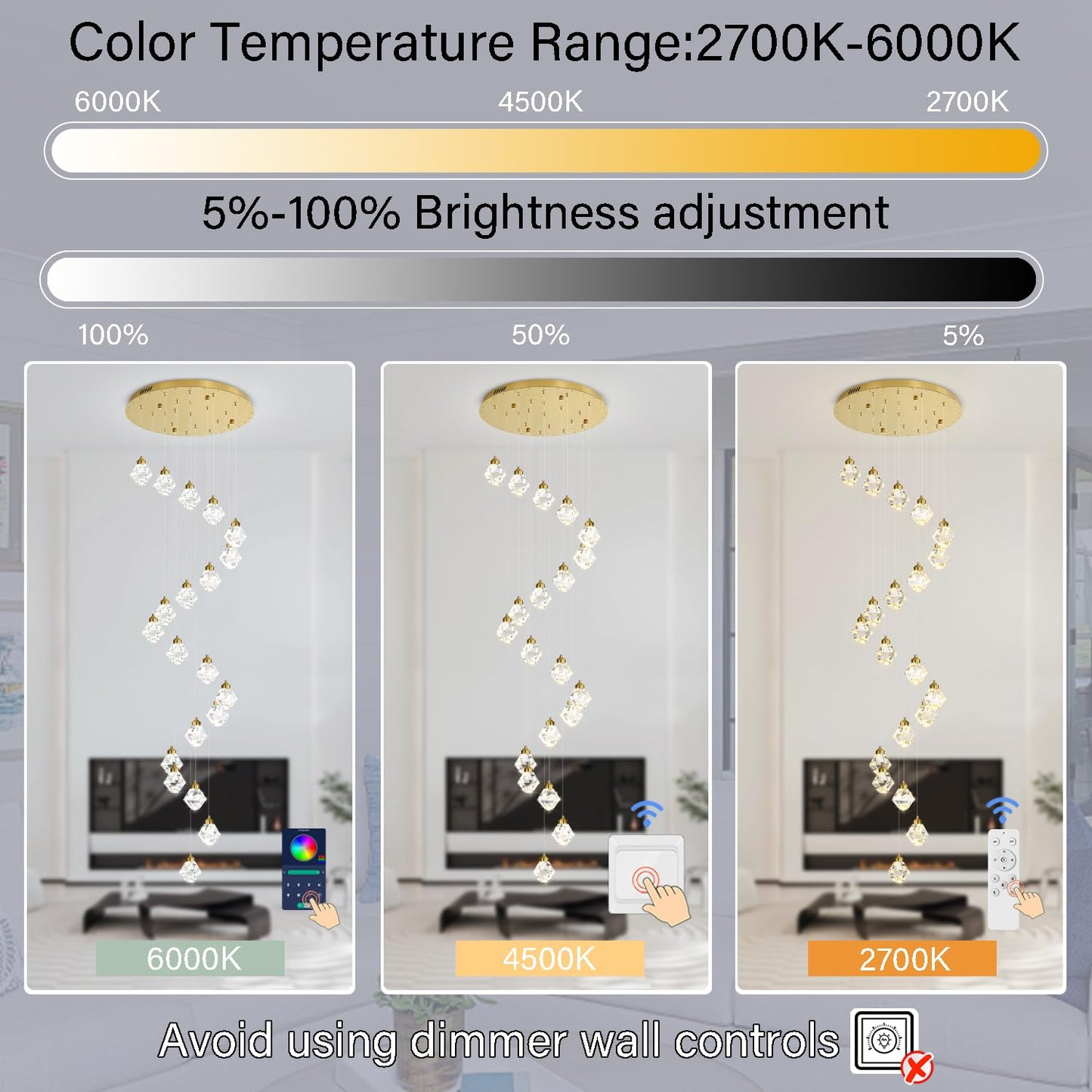 Shial Lighting 20-Light Modern Chandelier for Foyer Crystal Chandeliers for Living Room Gold Pendant Light Fixture Staircase Chandelier for High Ceilings Dimmable LED Hanging Light with Remote