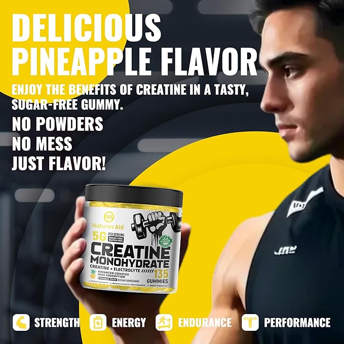 Creatine Monohydrate Gummies (5g) – Pre-Workout Energy & Muscle Growth Support for Men & Women | Pineapple Electrolyte Gummies (135 Count)
