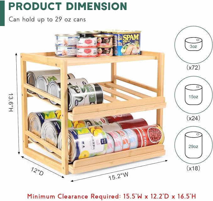 Yumkfoi Can Organizer for Pantry, 3 Tiers | Hold up to 72 3oz Cat Can, Rolling Can Storage, Soda Dispenser, For Cabinet