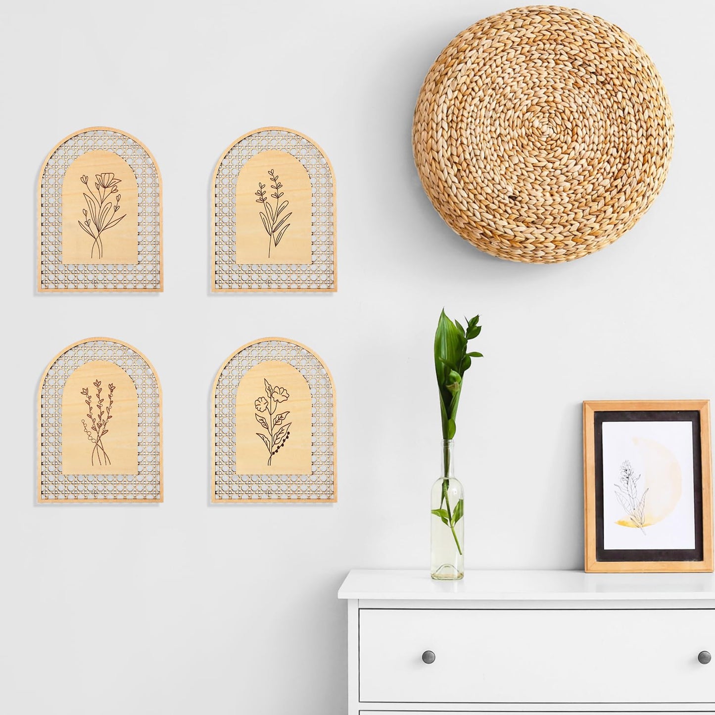 Wesiti 4 Pcs Rattan Wooden Boho Wall Decor Floral Natural Room Wall Art Aesthetic Nursery Farmhouse Hanging Decor for Bedroom Living Room Office